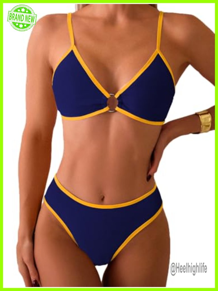 Triangle Ring Link Two Piece Bikini Set Cheeky Swimsuit With Padded Cups